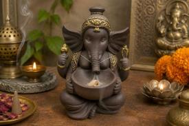 PORTAINCIENSOS | QUEMADOR INCIENSO REFLUJO (EFECTO NIEBLA) GANESHA COLOR MARRON  Y DORADO 17 X 13 CM.