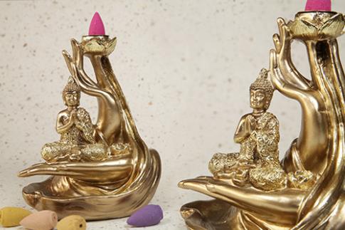 PORTAINCIENSOS | QUEMADOR RESINA INCIENSO REFLUJO (EFECTO NIEBLA) BUDA DORADO 11X14CM