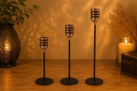 CANDELABROS Y PORTAVELAS | SET DE 3 PORTAVELAS DORADO FRANJAS AZULADAS CON CUERPO COLOR NEGRO 21 / 26 / 31,5 CM.