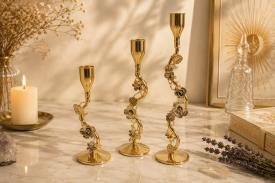 CANDELABROS Y PORTAVELAS | SET DE 3 PORTAVELAS ENREDADERA DE HOJAS Y FLORES COLOR DORADO 32 / 27 / 22 CM.