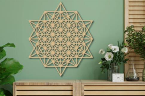 COMODIN | SIMBOLO MADERA TETHAEDRO 64 ESTRELLAS 26 X 30 CM.