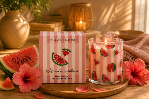 EDICION LIMITADA | VELA AROMATICA DE SOJA SANDIA E HIBISCO EN VASO DE CRISTAL CON CAJA DECORADA 9X8CM