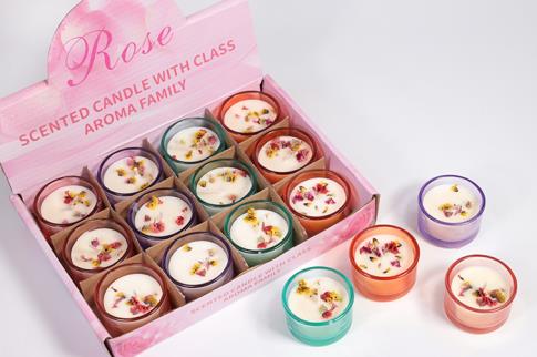 VELAS Y VELONES PERFUMADOS | VELA CON FLORES EN TARRITO DE CRISTAL COLORES SURTIDOS 5X3CM